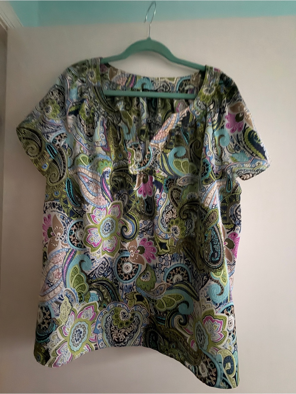Talbots Paisley Short Sleeve Blouse in Green, Blue and Pink
